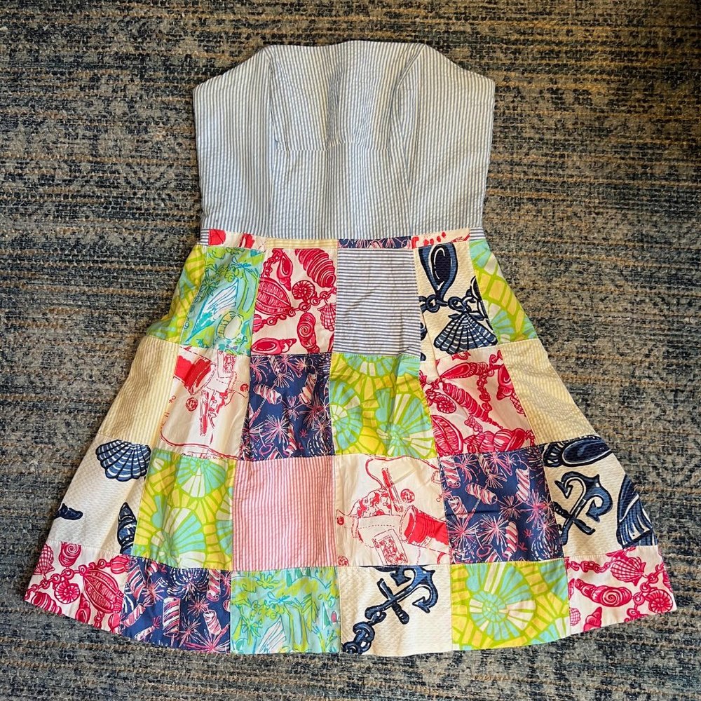 Vintage Lilly Pulitzer Seersucker Patchwork Strapless Dress - Size 0
